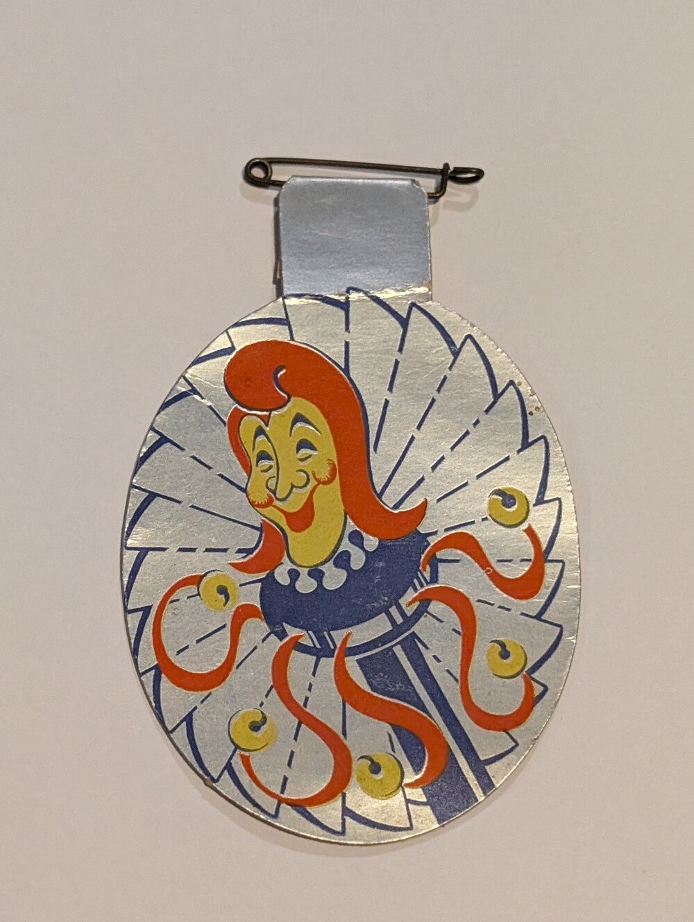 Vintage Unique Paper Pinback - Shiny Silver Jester Image - German?